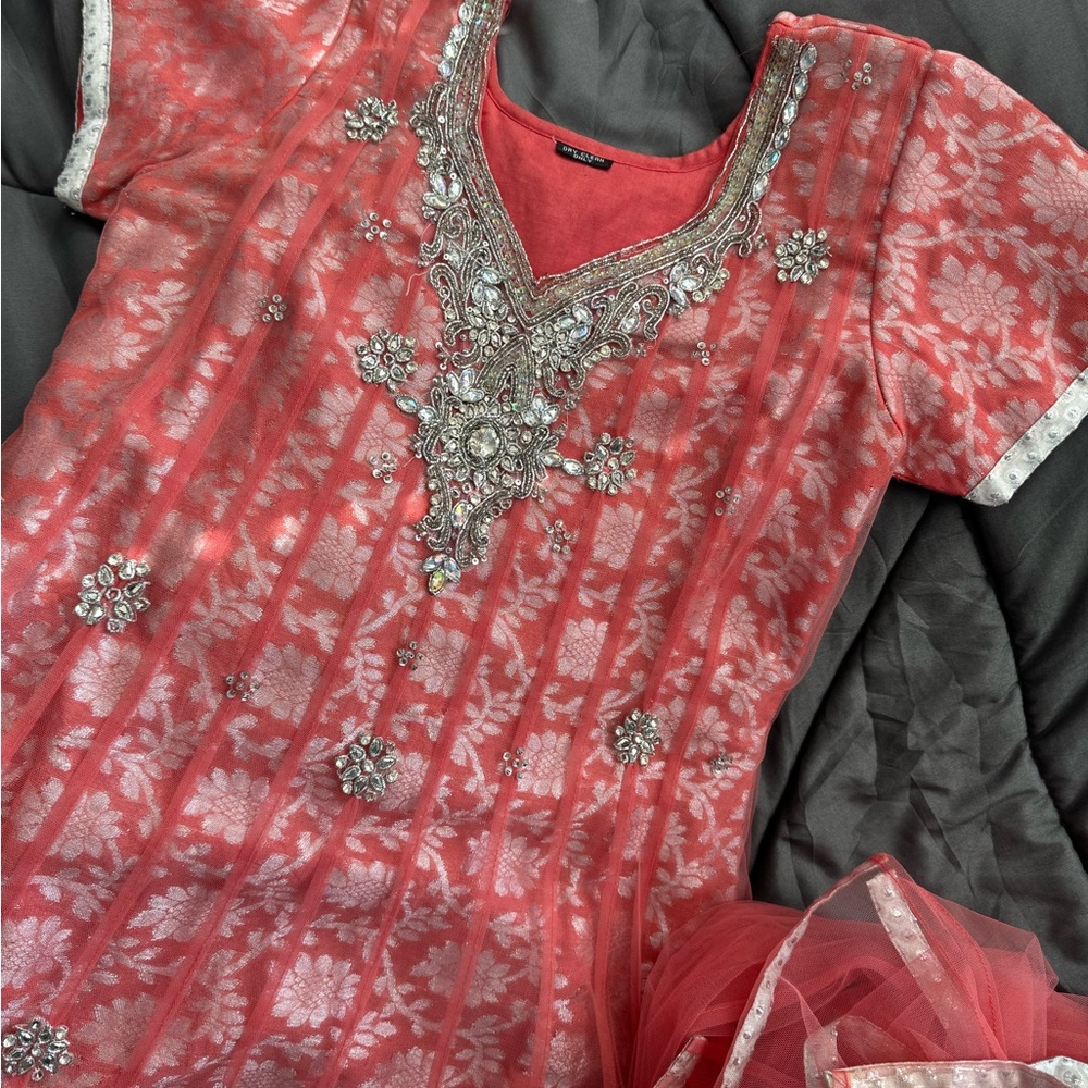 Elegant Stonework Peach Embroidered Churidar Dress with net dupatta teen girl